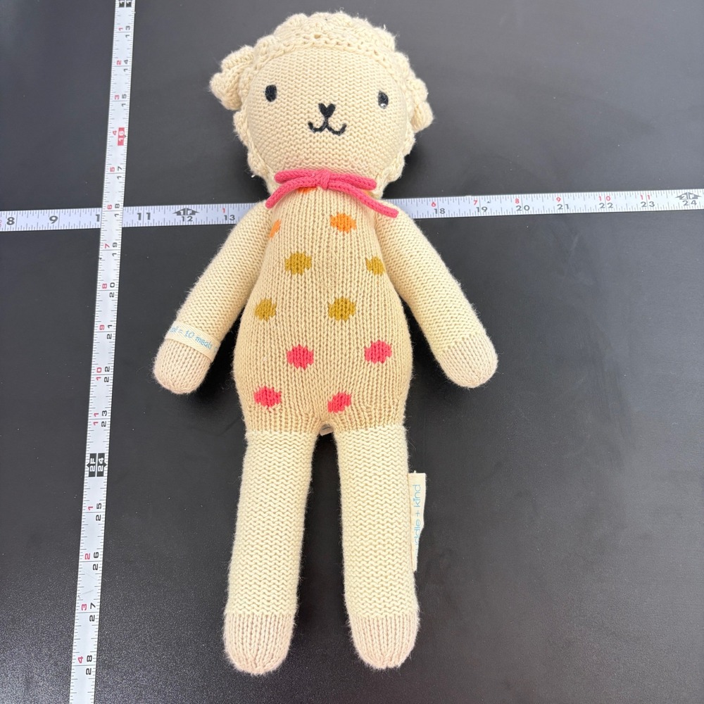 Cuddle + Kind Kids Lucy the Lamb Knit Plush 13in Cream Polka Dot Handmade